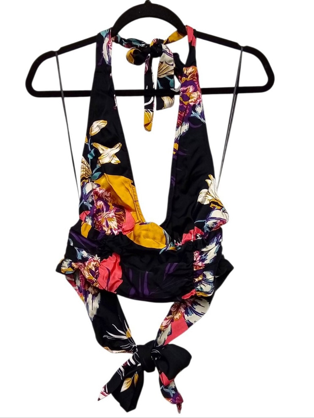 Free People Seraphina Halter Top Womens M Black Floral Cropped Sateen